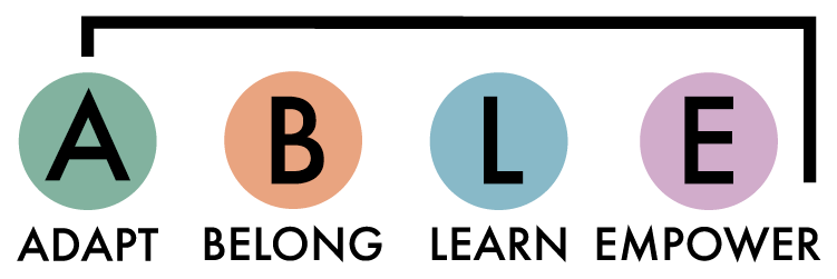 Able Mental Health secondary logo with guiding values: Adapt, Belong, Learn, Empower.