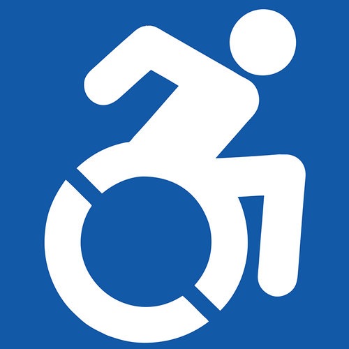 Progressive accessibility icon, with a blue background and stick person moving forward in a wheelchair.